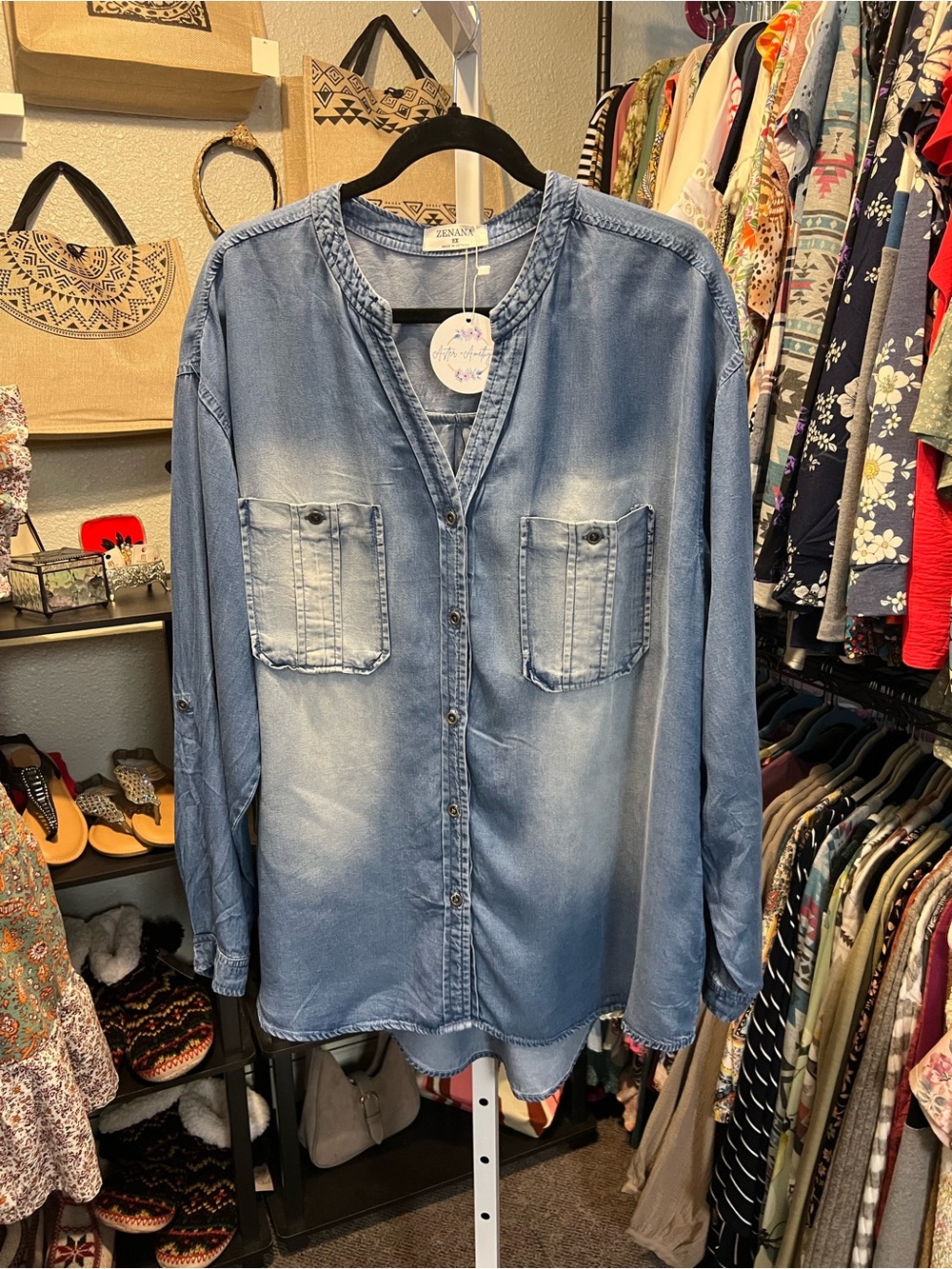 Zenana Outfitters Light Blue Denim Button-Up Top